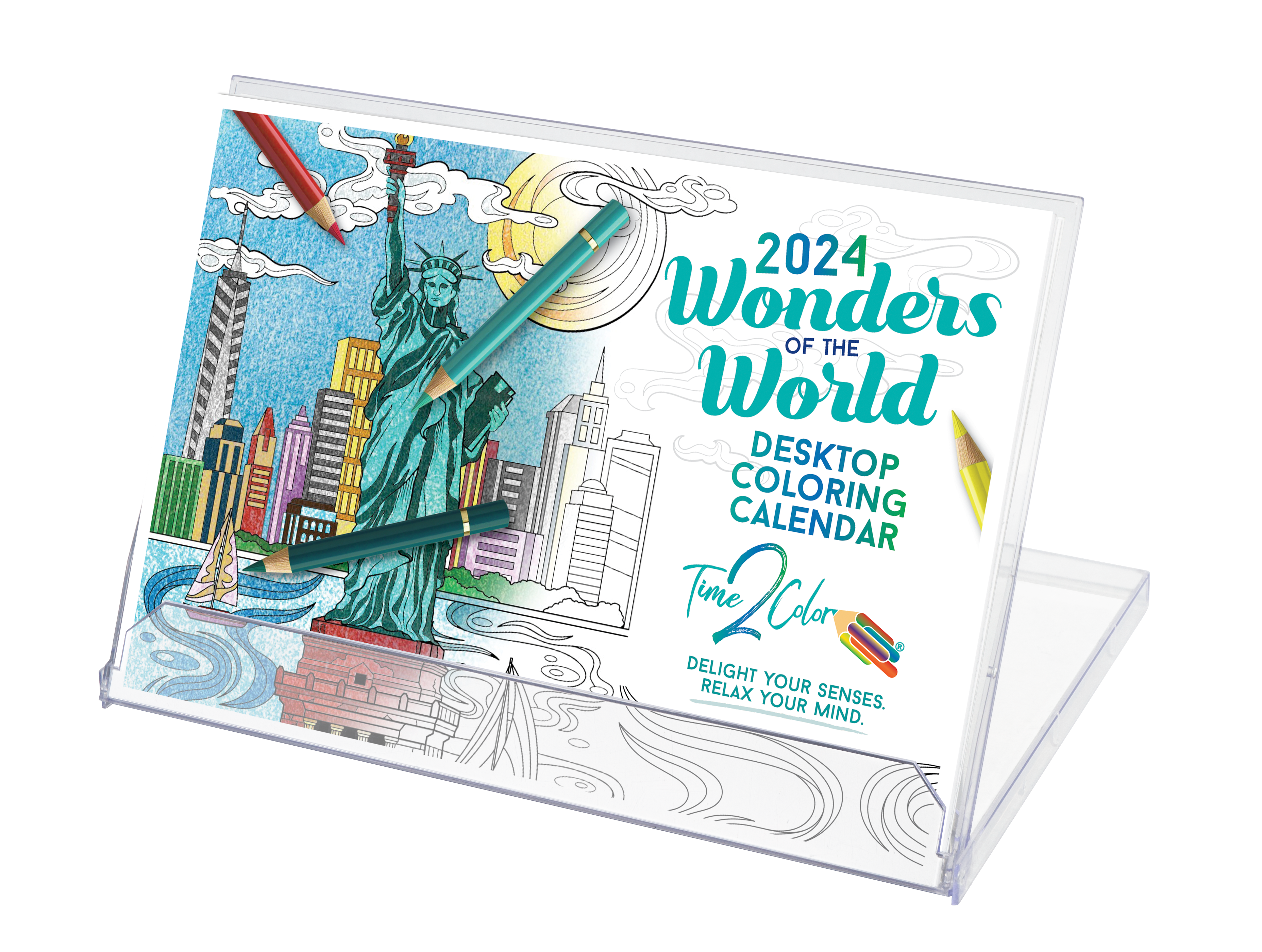 2024 Wonders of the World Theme Lucite Desktop Coloring Calendar
