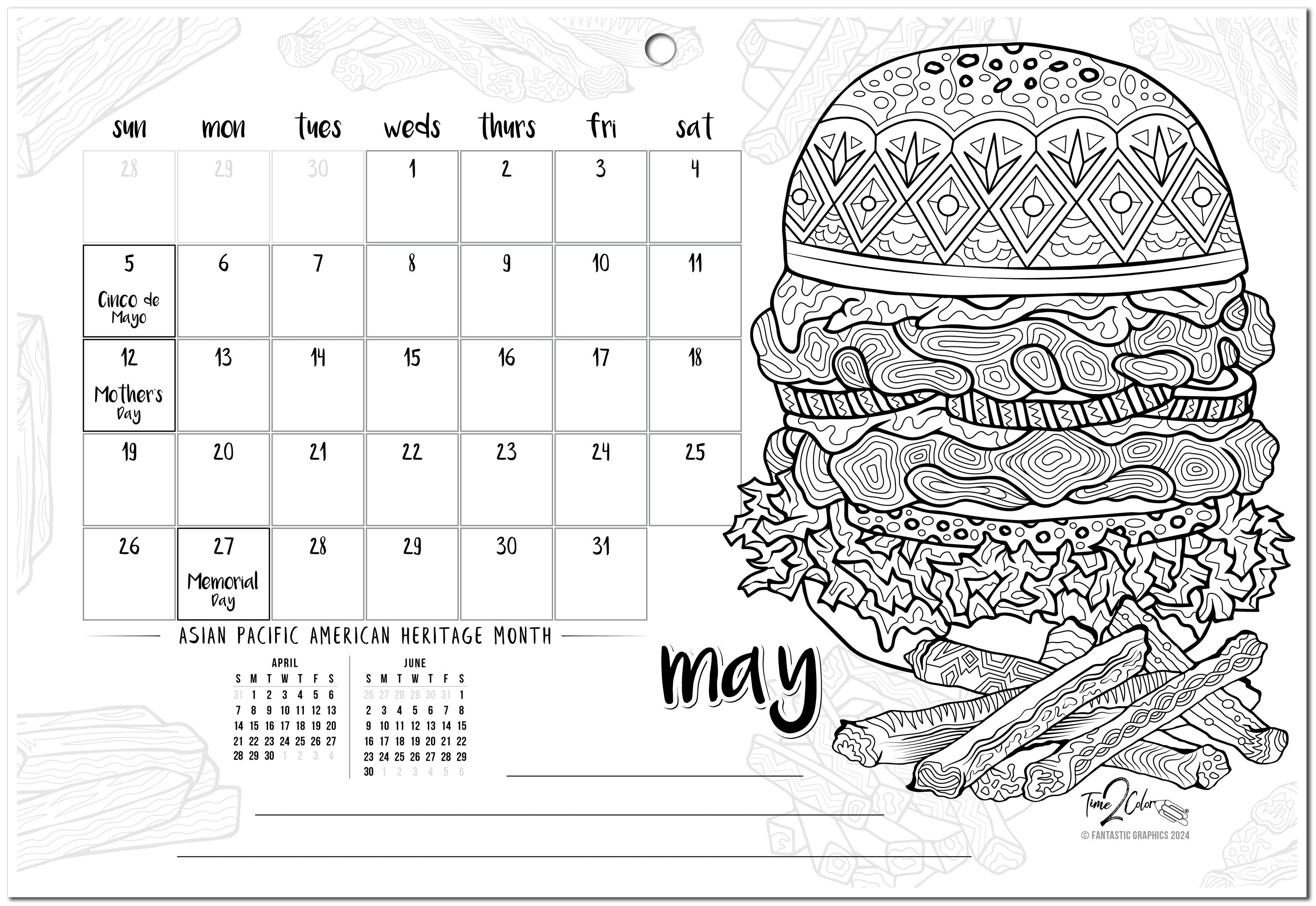 2024 Favorite Foods Theme Wall Coloring Calendar