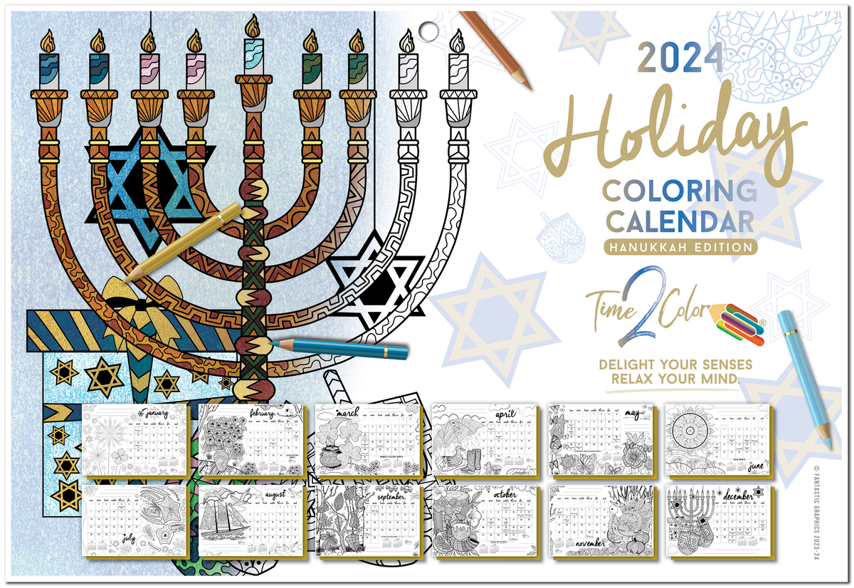 2024 Hanukkah Edition Holiday Theme Wall Coloring Calendar Time2Color