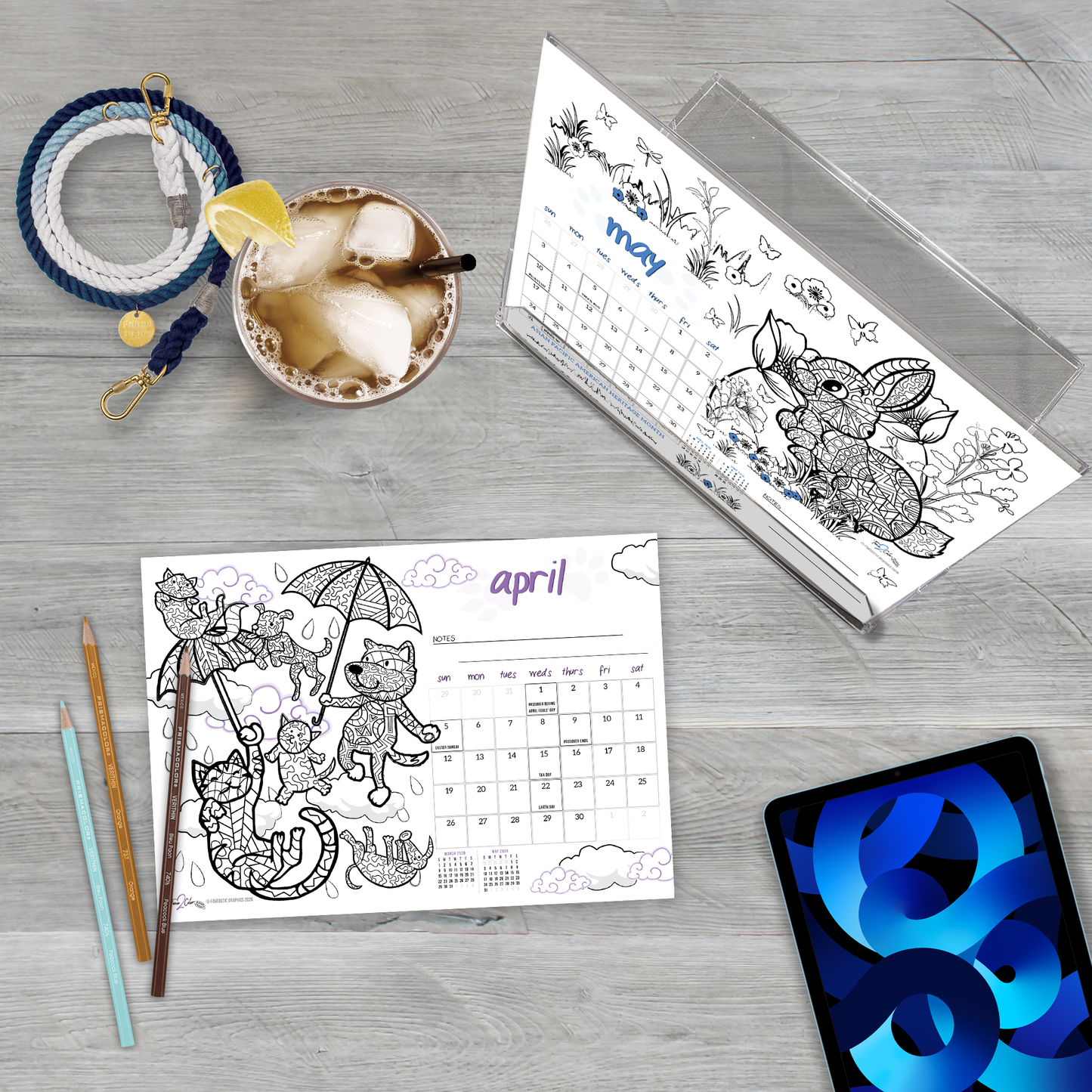 2026 Furry Friends Standing Lucite Desktop Coloring Calendar (8.5" x 6")