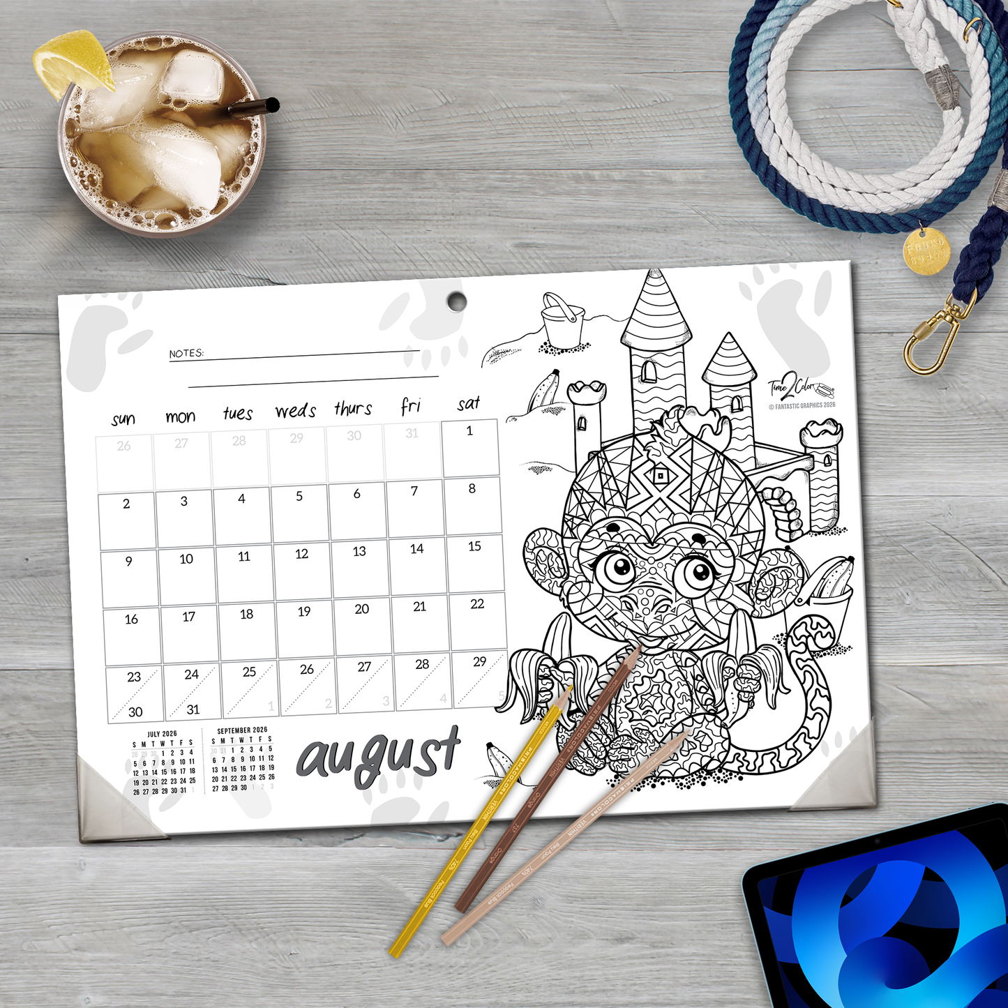 2026 Furry Friends Home Edition Desk Blotter/Wall Coloring Calendar (19" x 13")