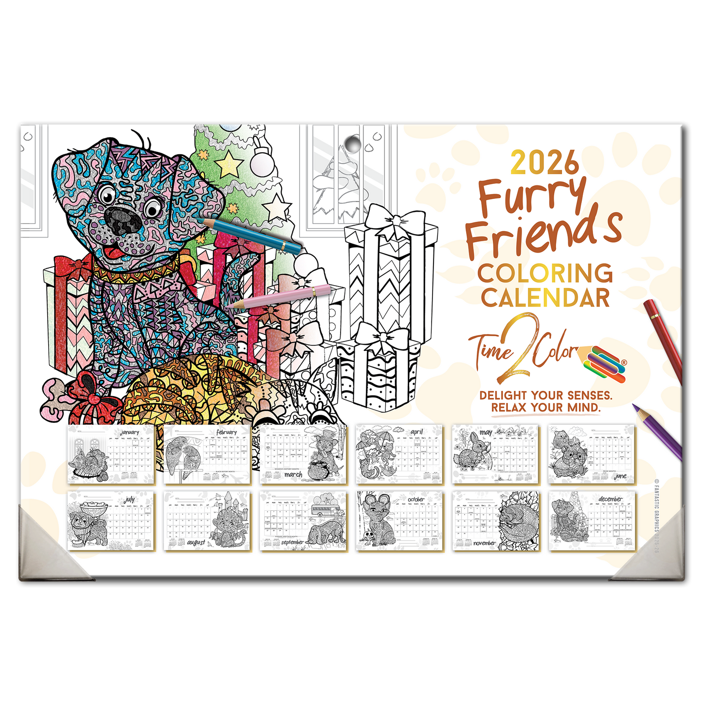 2026 Furry Friends Home Edition Desk Blotter/Wall Coloring Calendar (19" x 13")