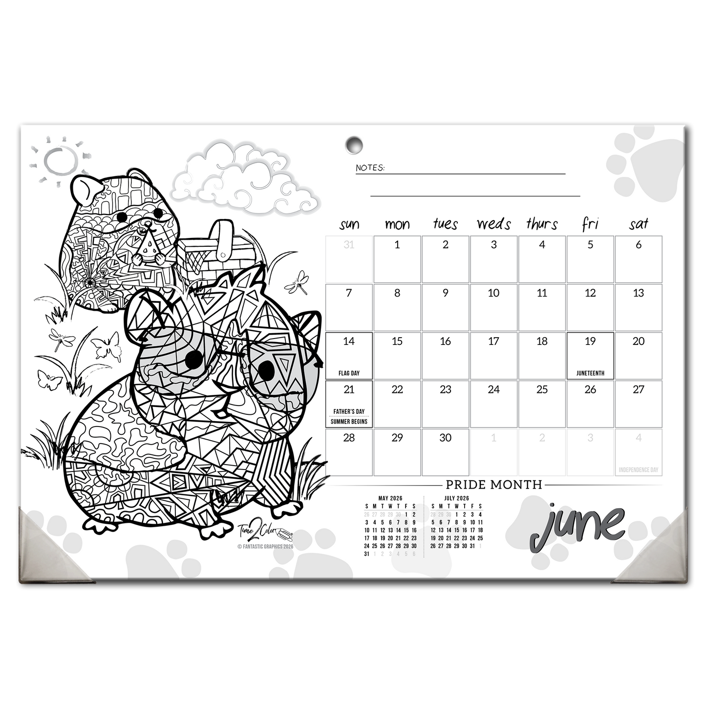 2026 Furry Friends Home Edition Desk Blotter/Wall Coloring Calendar (19" x 13")