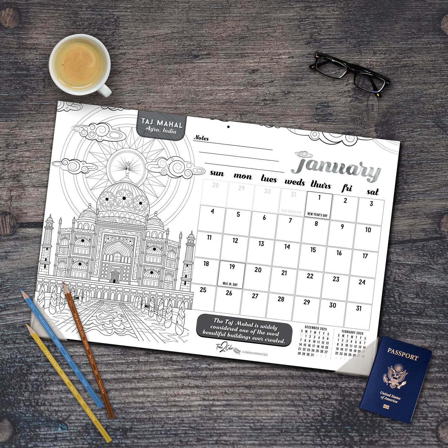 2026 Wonders Of The World Home Edition Desk Blotter/Wall Coloring Calendar (19" x 13")