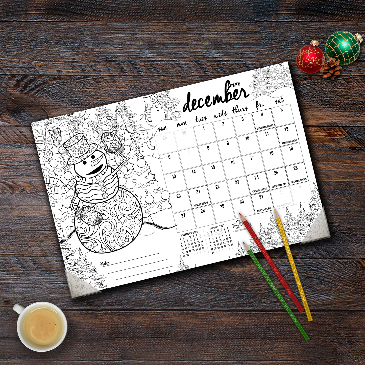 2026 "Christmas" Holiday Home Edition Desk Blotter/Wall Coloring Calendar (19" x 13")