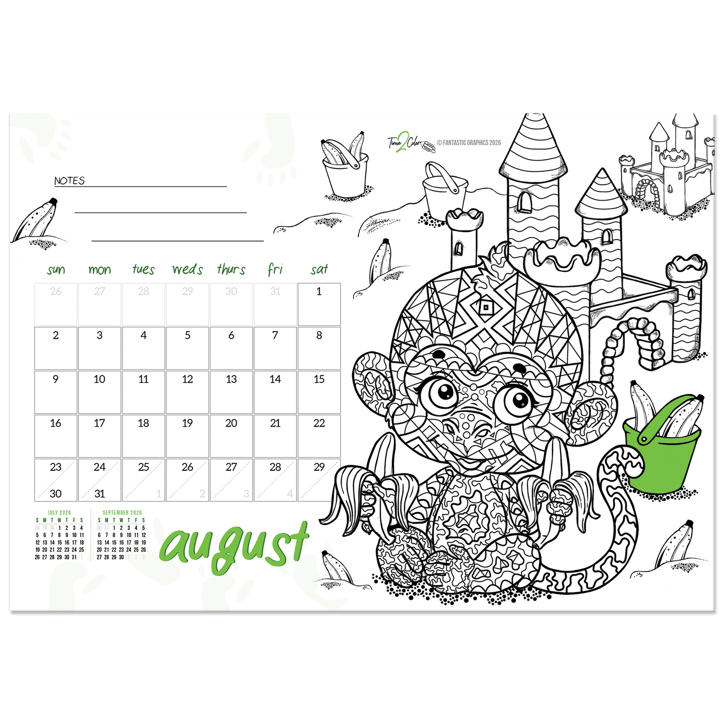 2026 Furry Friends Standing Lucite Desktop Coloring Calendar (8.5" x 6")