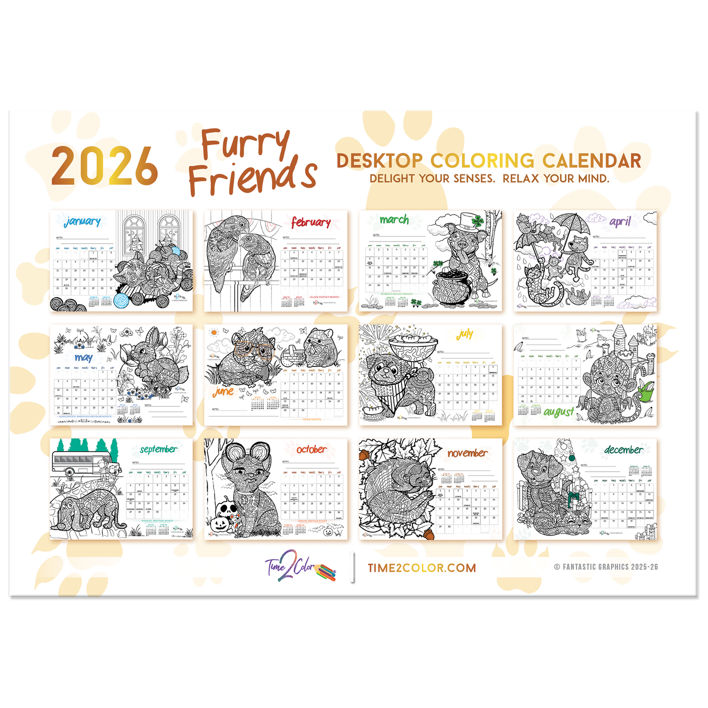 2026 Furry Friends Standing Lucite Desktop Coloring Calendar (8.5" x 6")