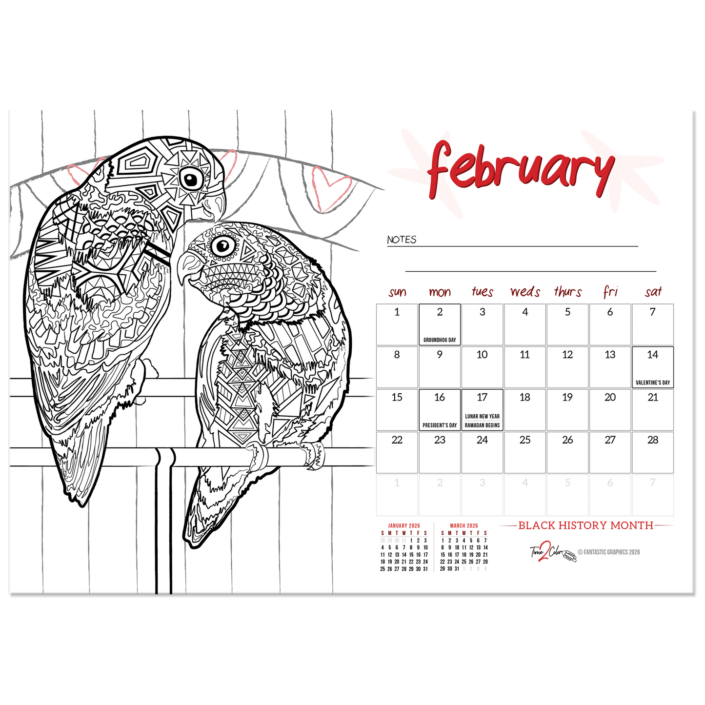 2026 Furry Friends Standing Lucite Desktop Coloring Calendar (8.5" x 6")