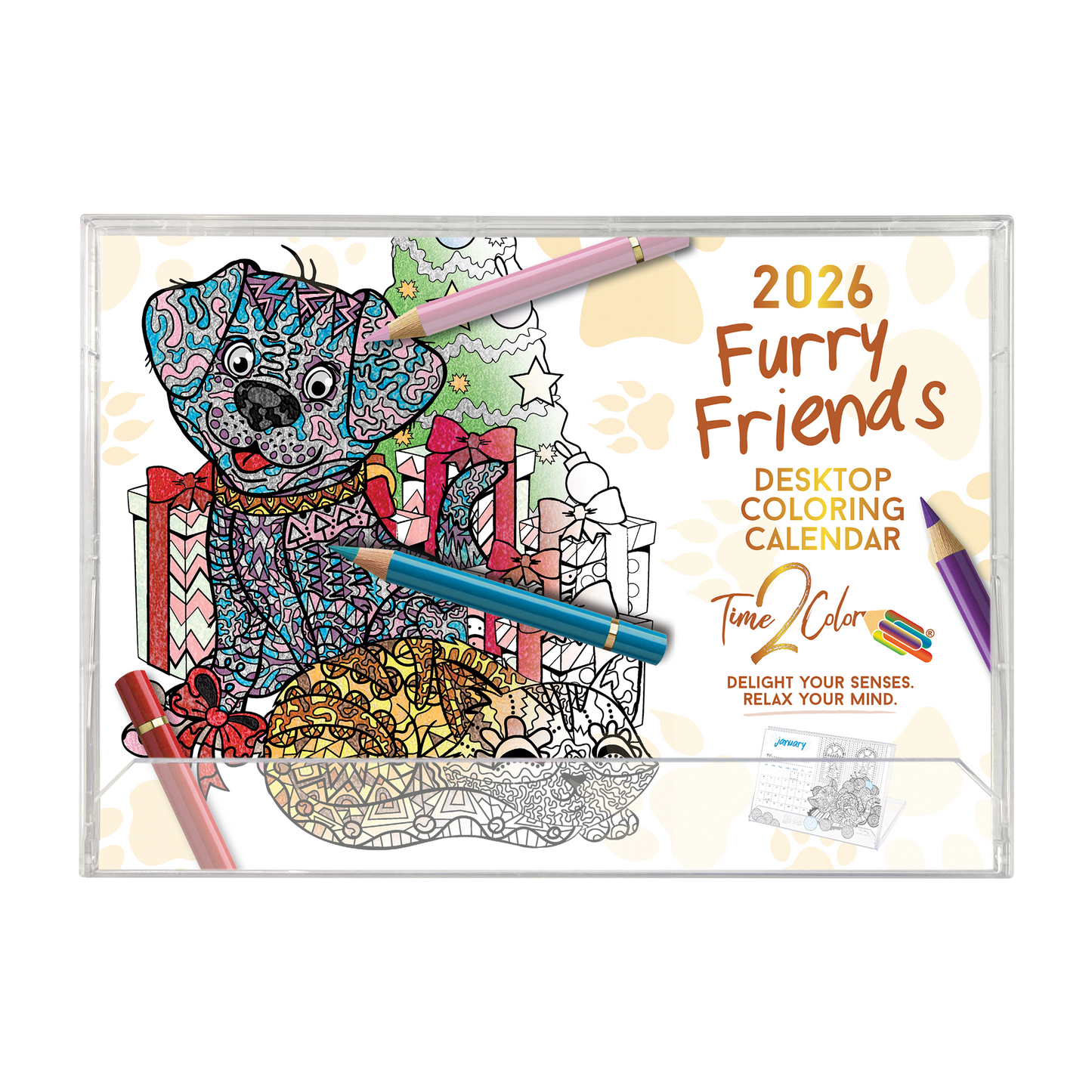2026 Furry Friends Standing Lucite Desktop Coloring Calendar (8.5" x 6")