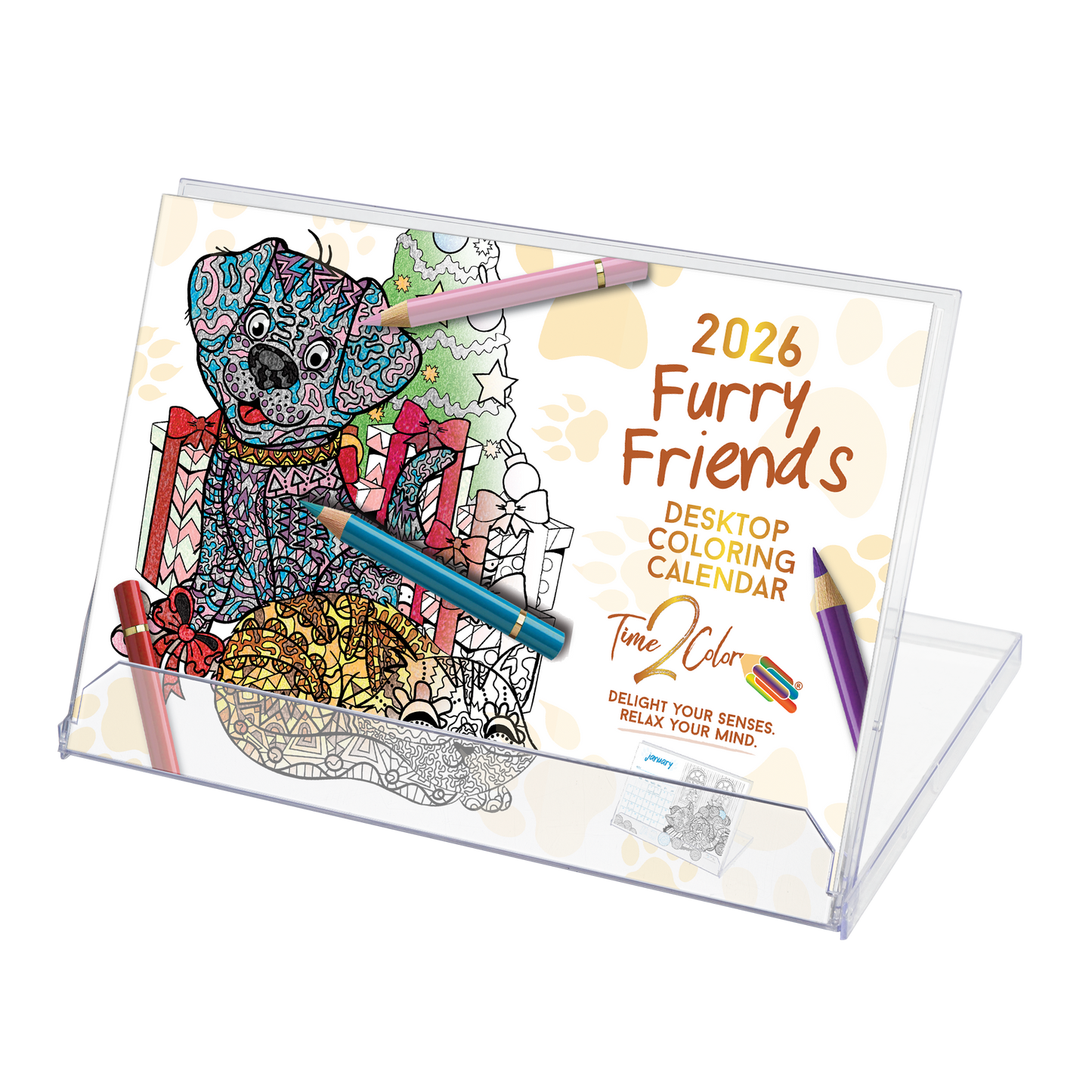 2026 Furry Friends Standing Lucite Desktop Coloring Calendar (8.5" x 6")