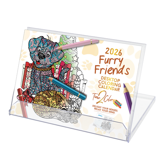 2026 Furry Friends Standing Lucite Desktop Coloring Calendar (8.5" x 6")