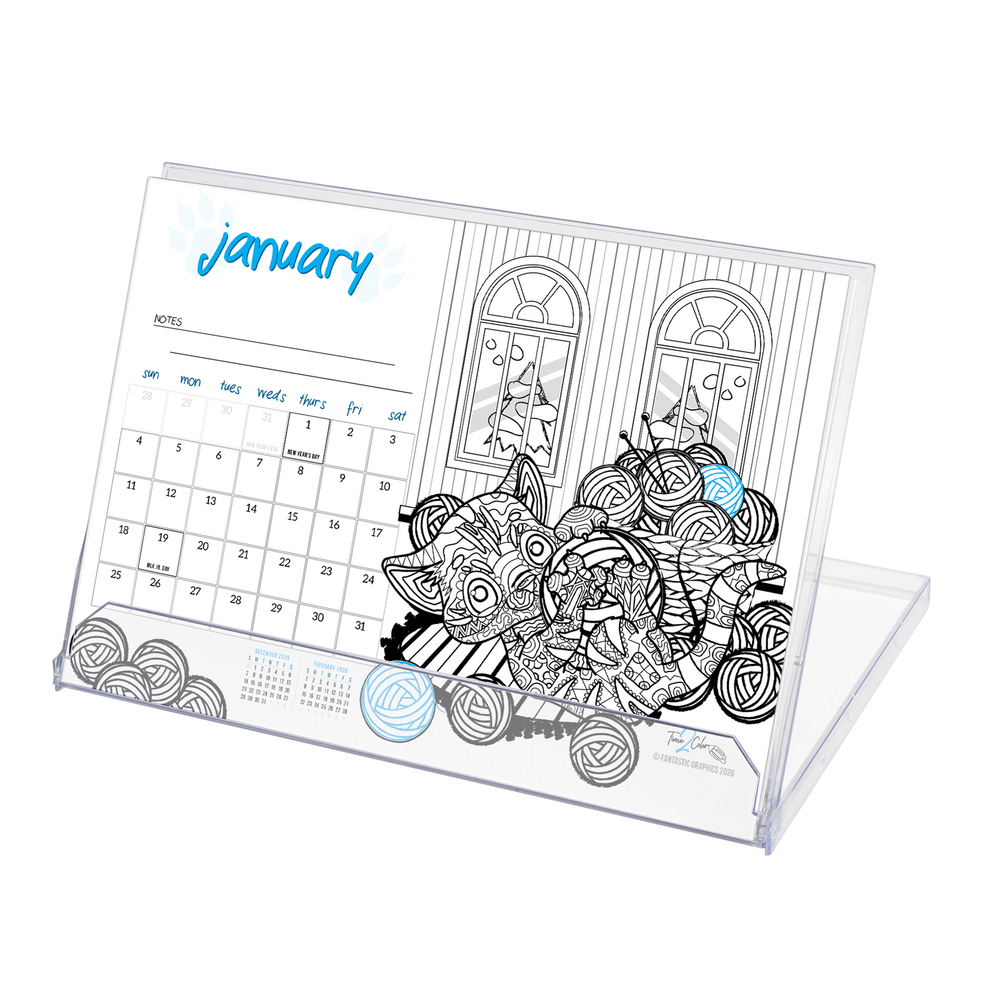 2026 Furry Friends Standing Lucite Desktop Coloring Calendar (8.5" x 6")