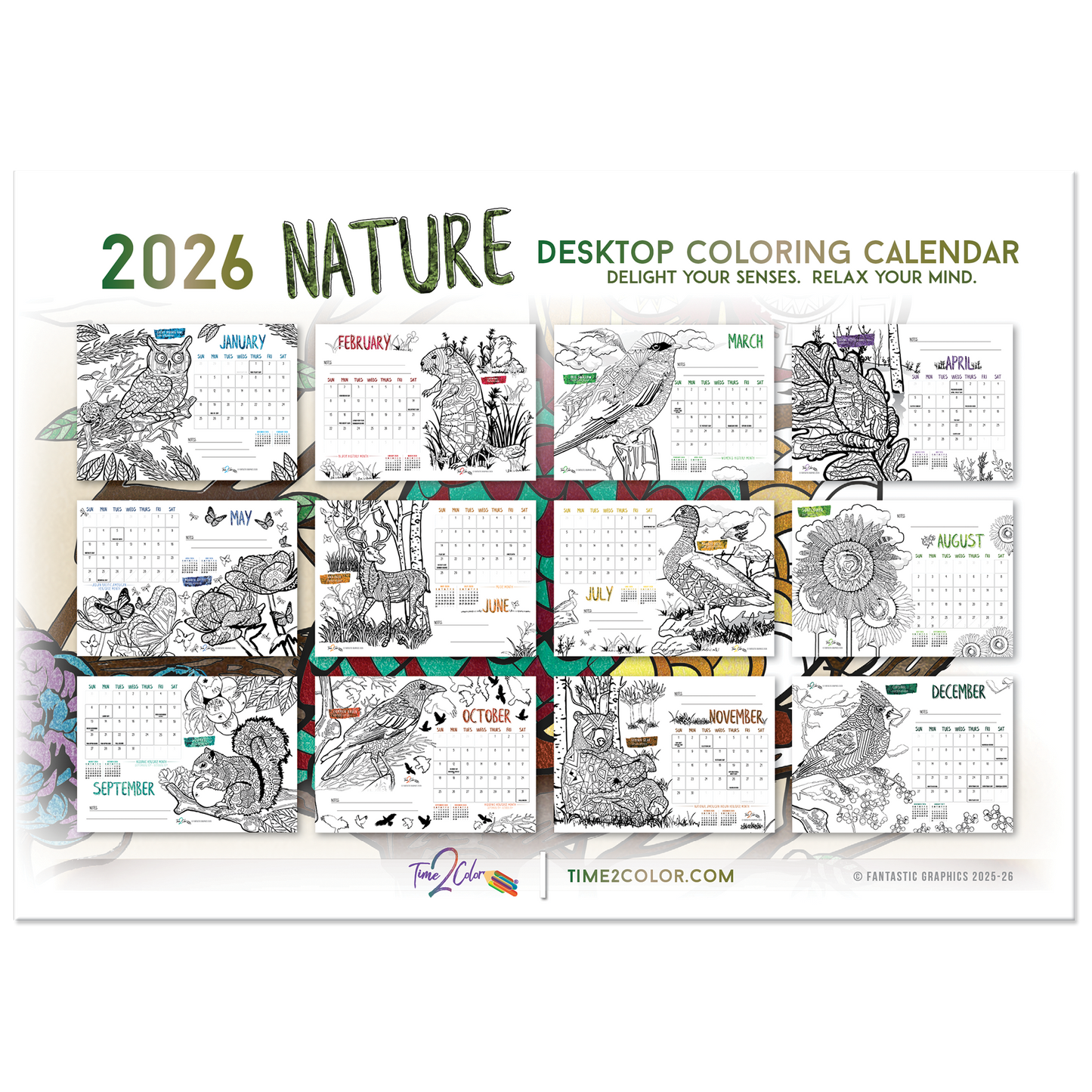 2026 Nature Standing Lucite Desktop Coloring Calendar (8.5" x 6")