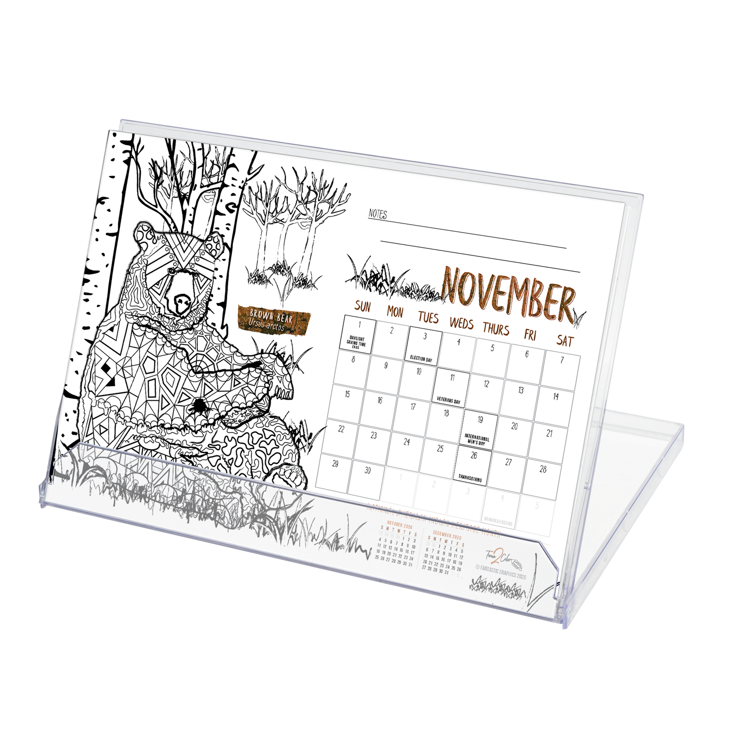 2026 Nature Standing Lucite Desktop Coloring Calendar (8.5" x 6")