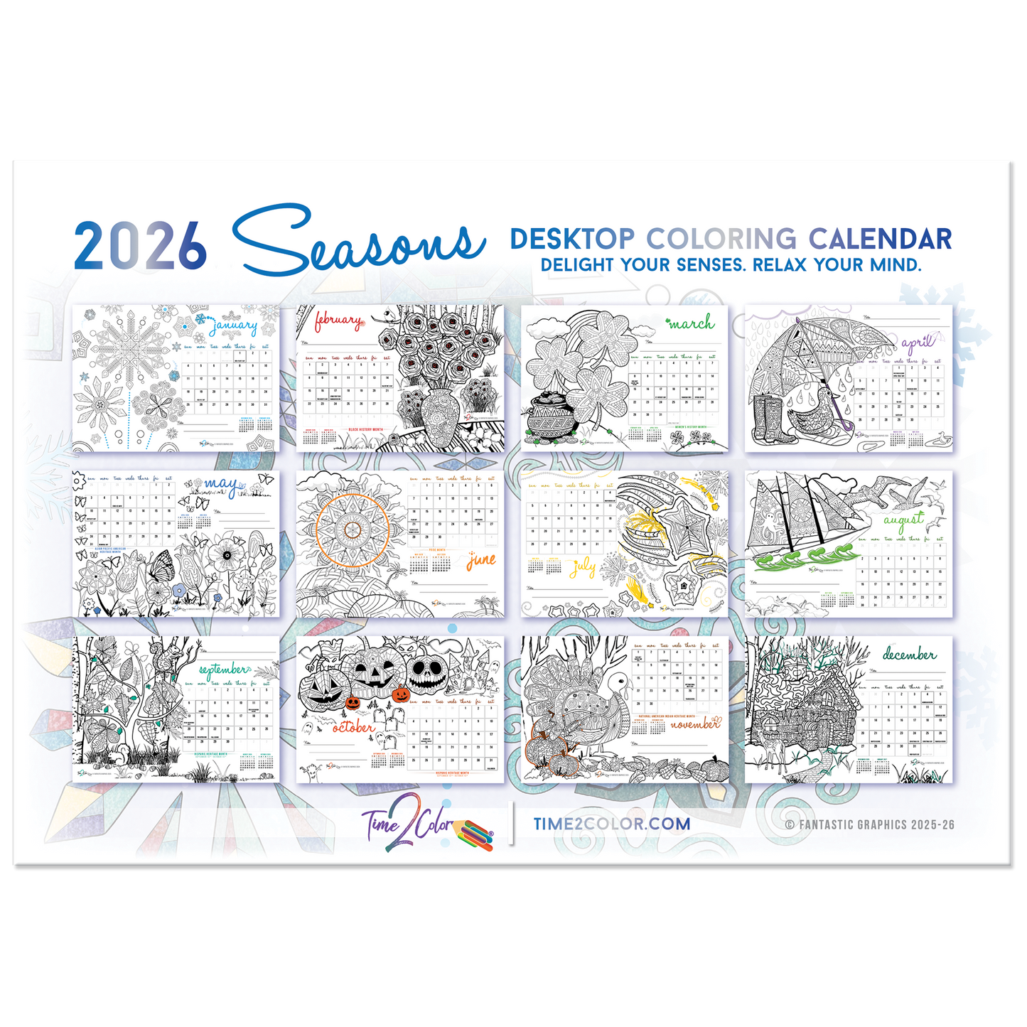 2026 Seasons Standing Lucite Desktop Coloring Calendar (8.5" x 6")