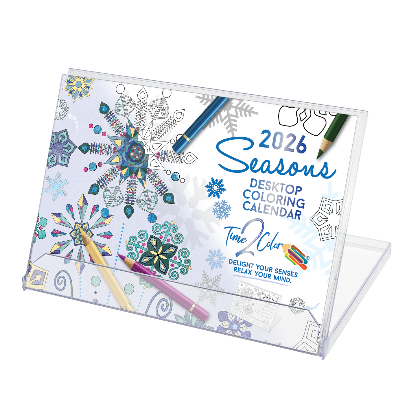 2026 Seasons Standing Lucite Desktop Coloring Calendar (8.5" x 6")