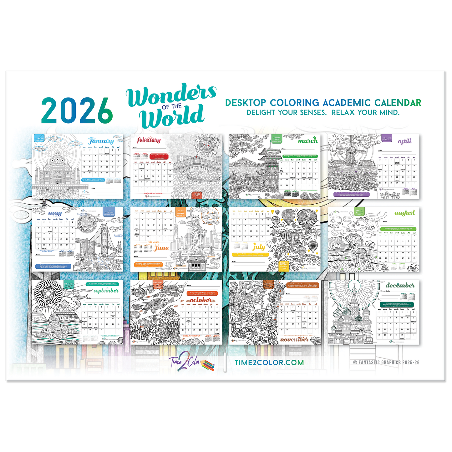 2026 Wonders of the World Standing Lucite Desktop Coloring Calendar (8.5" x 6")