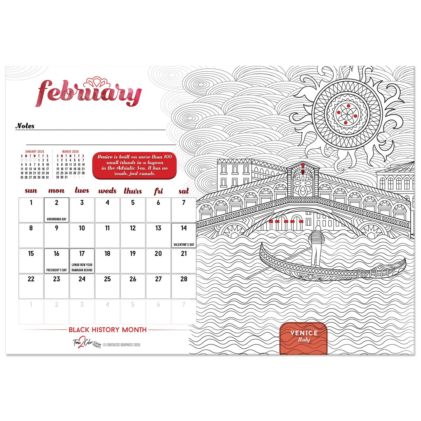 2026 Wonders of the World Standing Lucite Desktop Coloring Calendar (8.5" x 6")