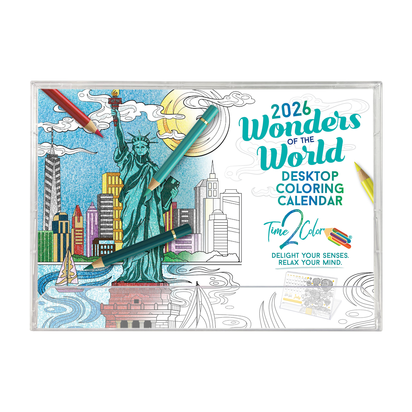 2026 Wonders of the World Standing Lucite Desktop Coloring Calendar (8.5" x 6")