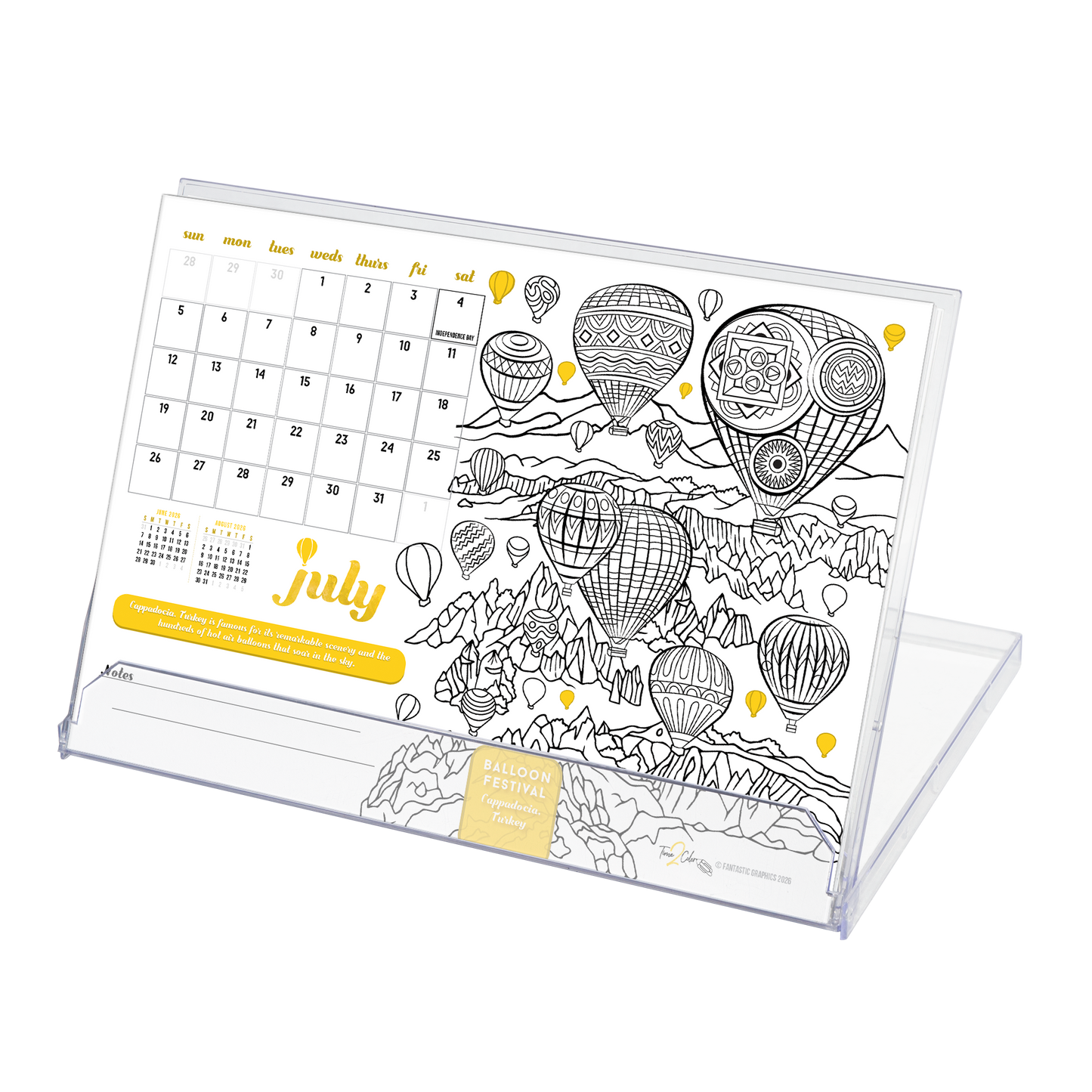 2026 Wonders of the World Standing Lucite Desktop Coloring Calendar (8.5" x 6")