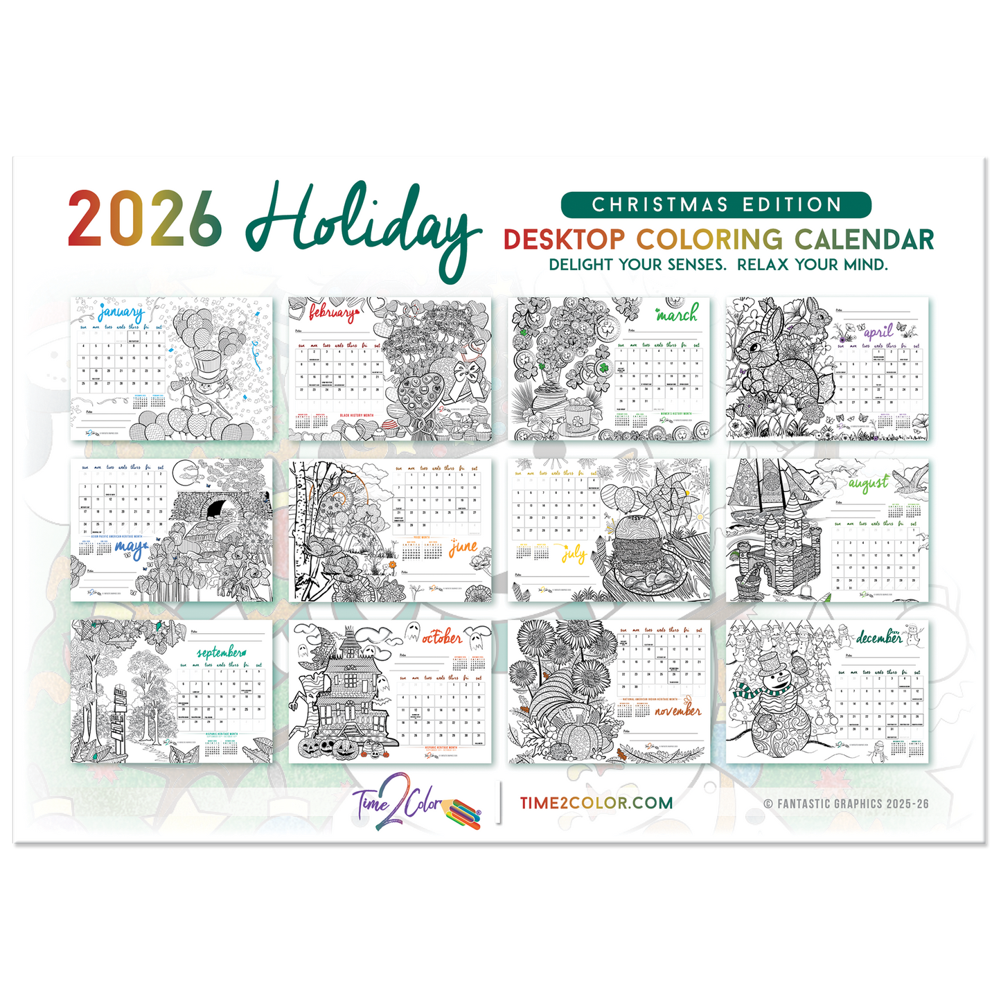 2026 "Christmas" Holiday Standing Lucite Desktop Coloring Calendar (8.5" x 6")