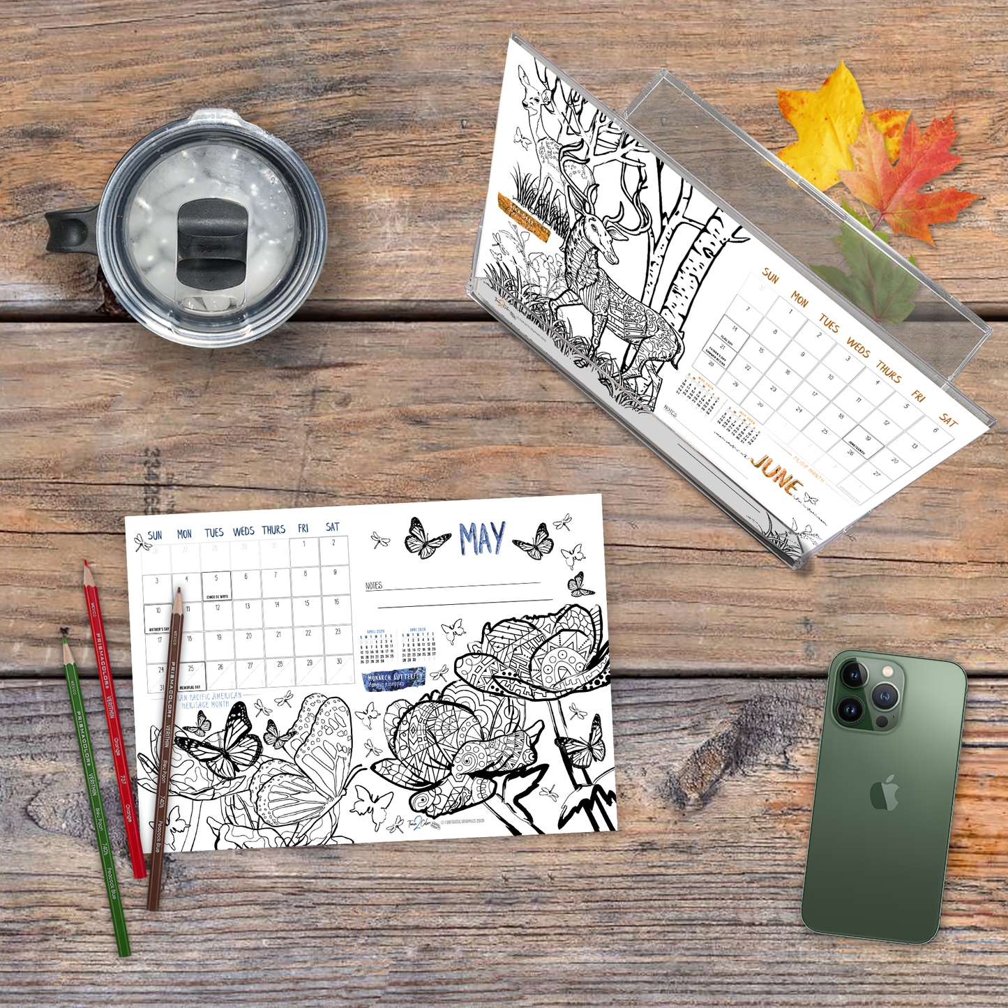 2026 Nature Standing Lucite Desktop Coloring Calendar (8.5" x 6")