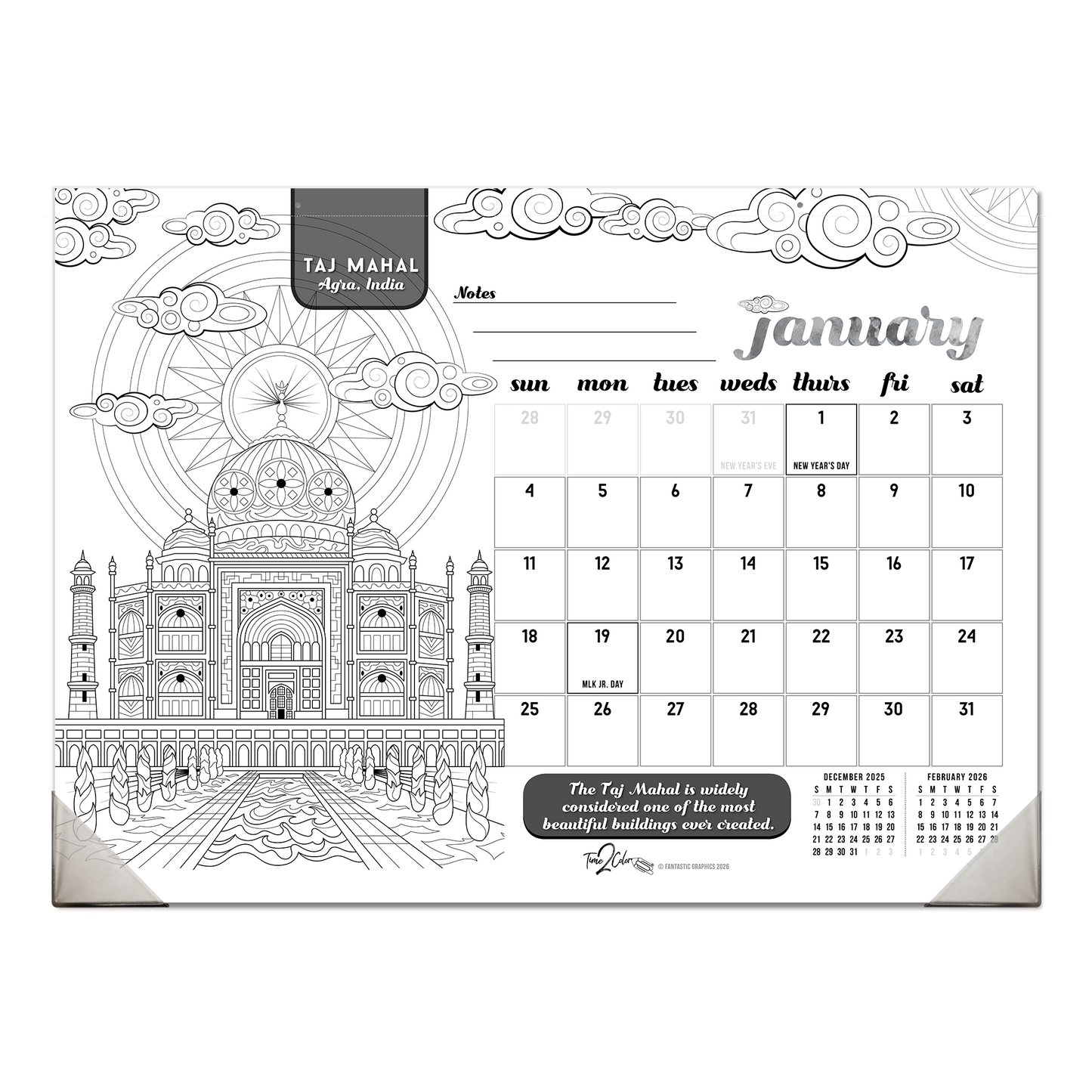 2026 Wonders Of The World Office Edition Desk Blotter/Wall Coloring Calendar (22" x 16")