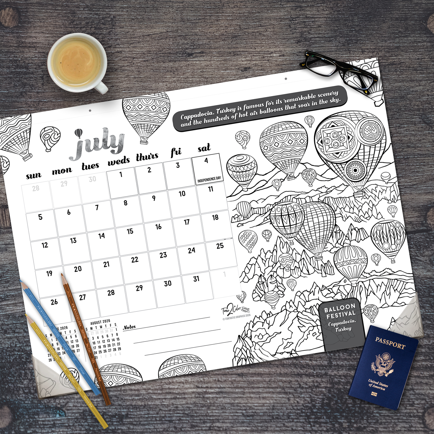 2026 Wonders Of The World Office Edition Desk Blotter/Wall Coloring Calendar (22" x 16")