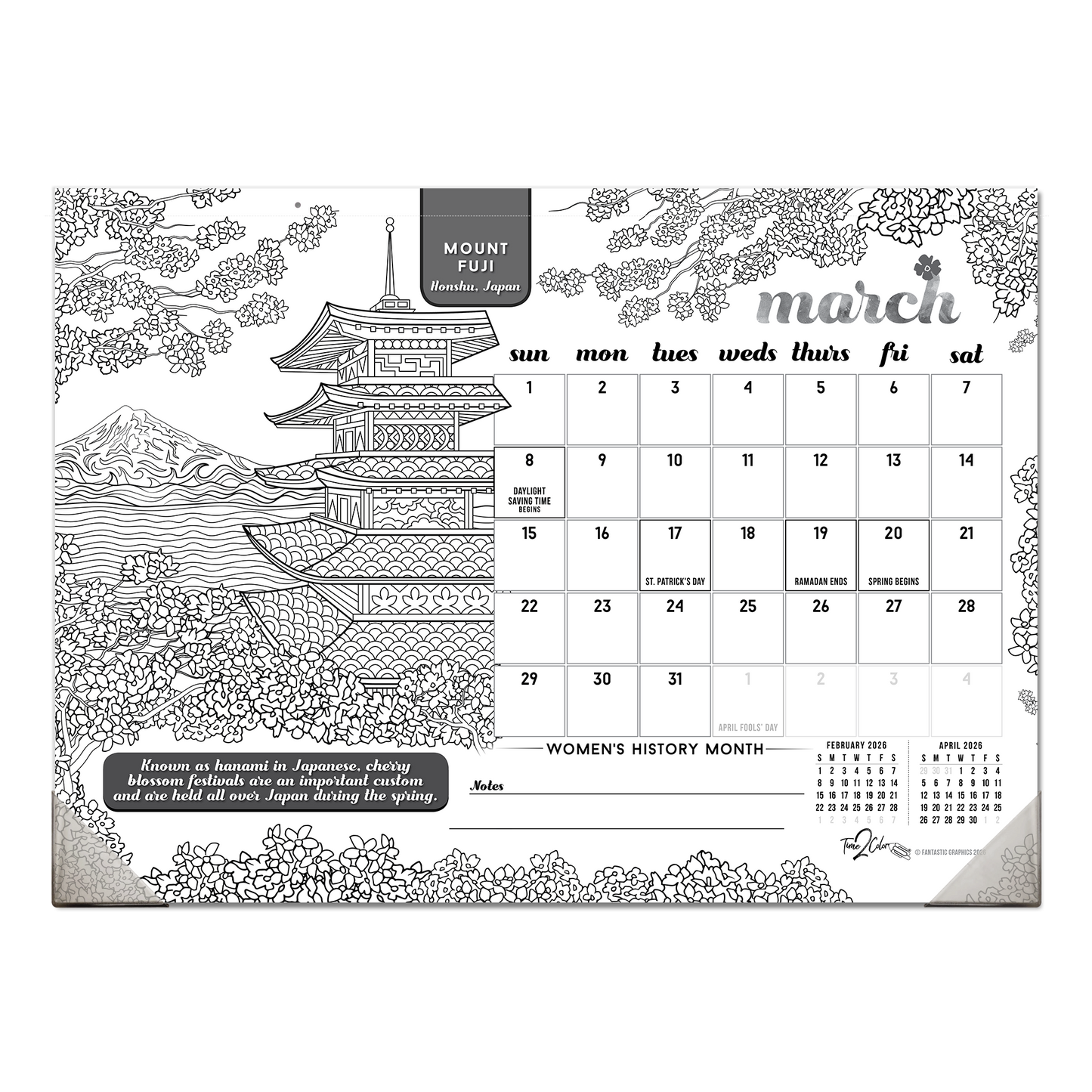 2026 Wonders Of The World Office Edition Desk Blotter/Wall Coloring Calendar (22" x 16")