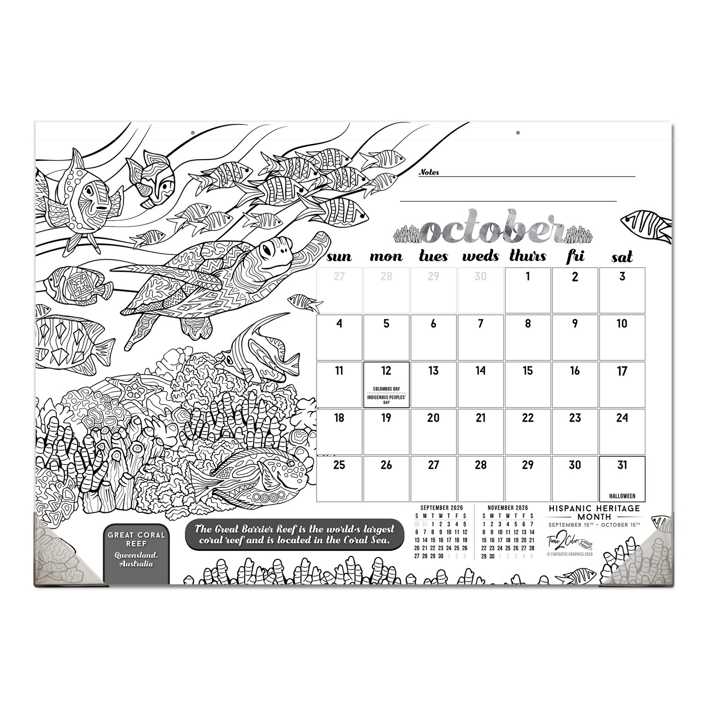 2026 Wonders Of The World Office Edition Desk Blotter/Wall Coloring Calendar (22" x 16")
