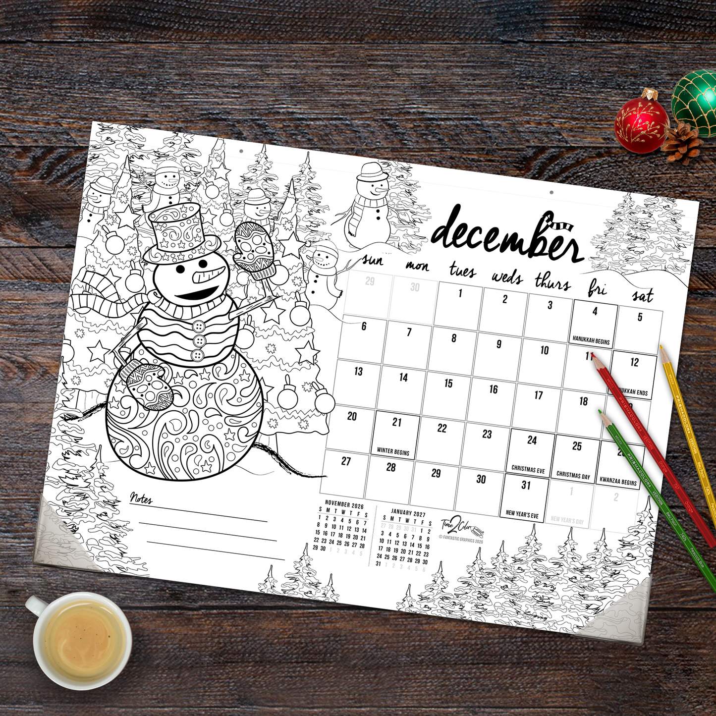 2026 "Christmas" Holiday Office Edition Desk Blotter/Wall Coloring Calendar (22" x 16")