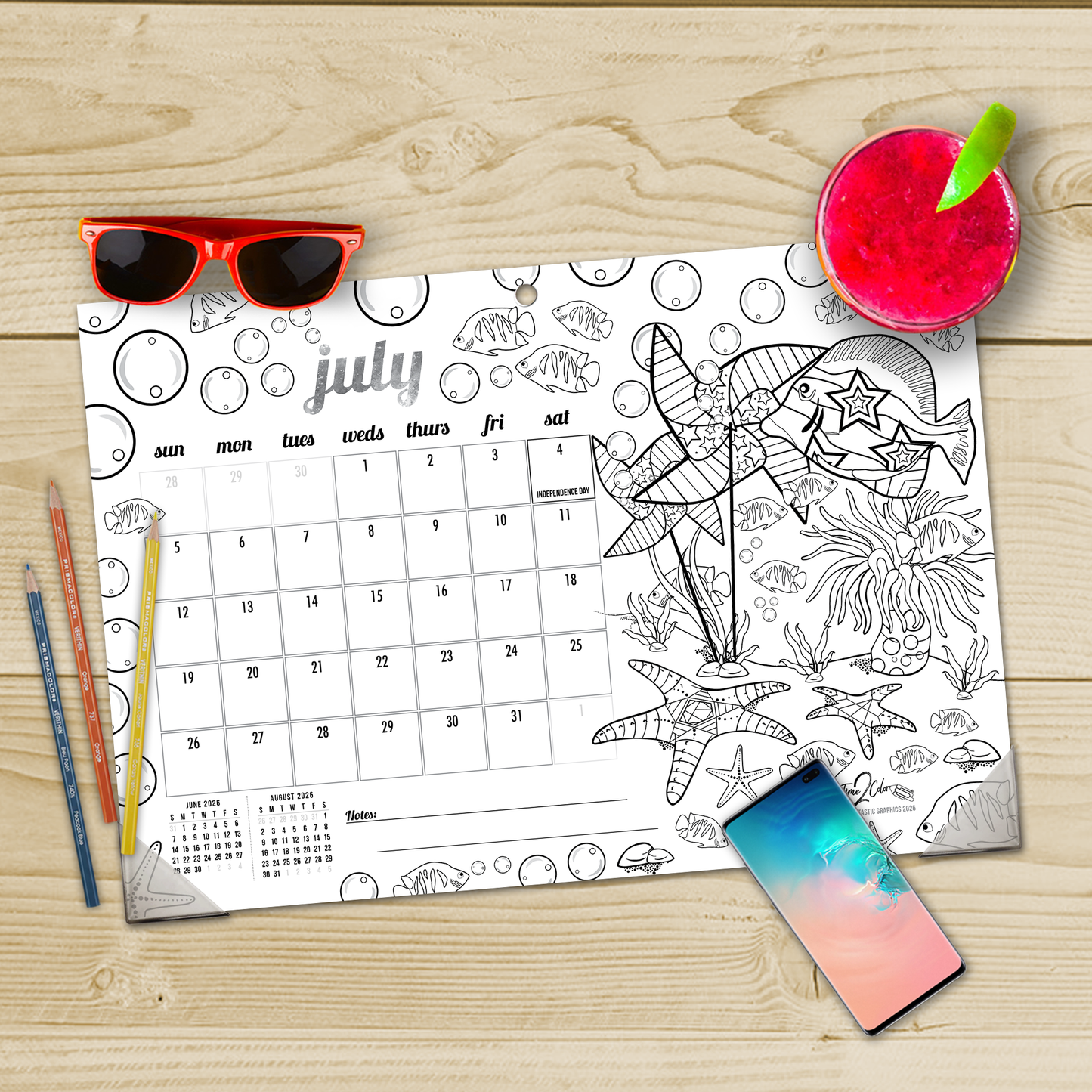 2026 Tropical Fish Home Edition Desk Blotter/Wall Coloring Calendar (19" x 13")