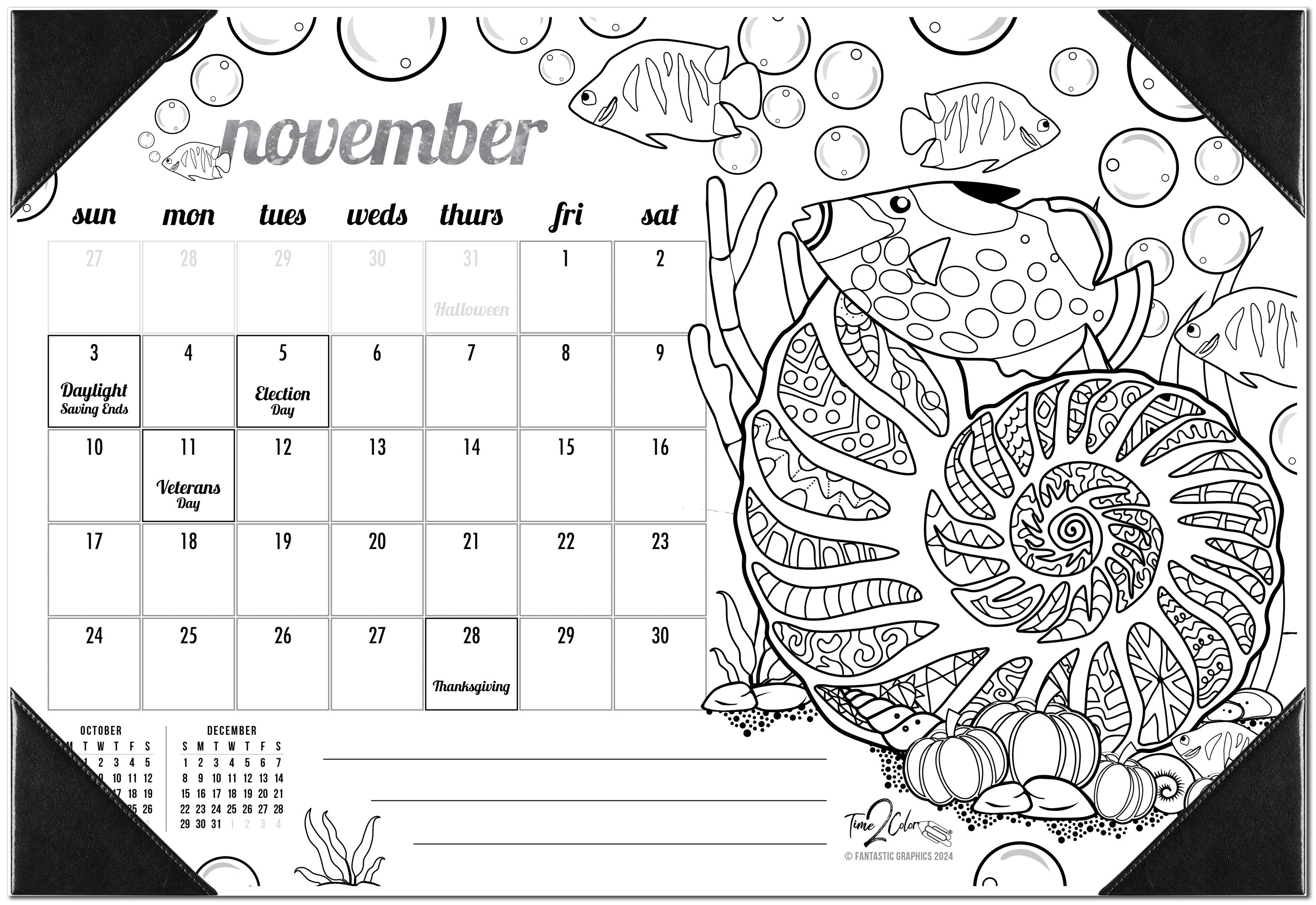 2024 Tropical Fish Theme Desk Blotter Coloring Calendar