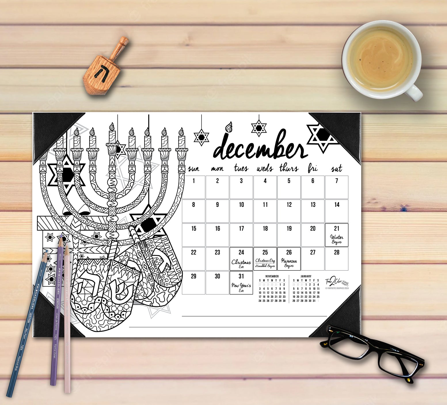 2025 Hanukkah Edition Holiday Theme Desk Blotter Coloring Calendar