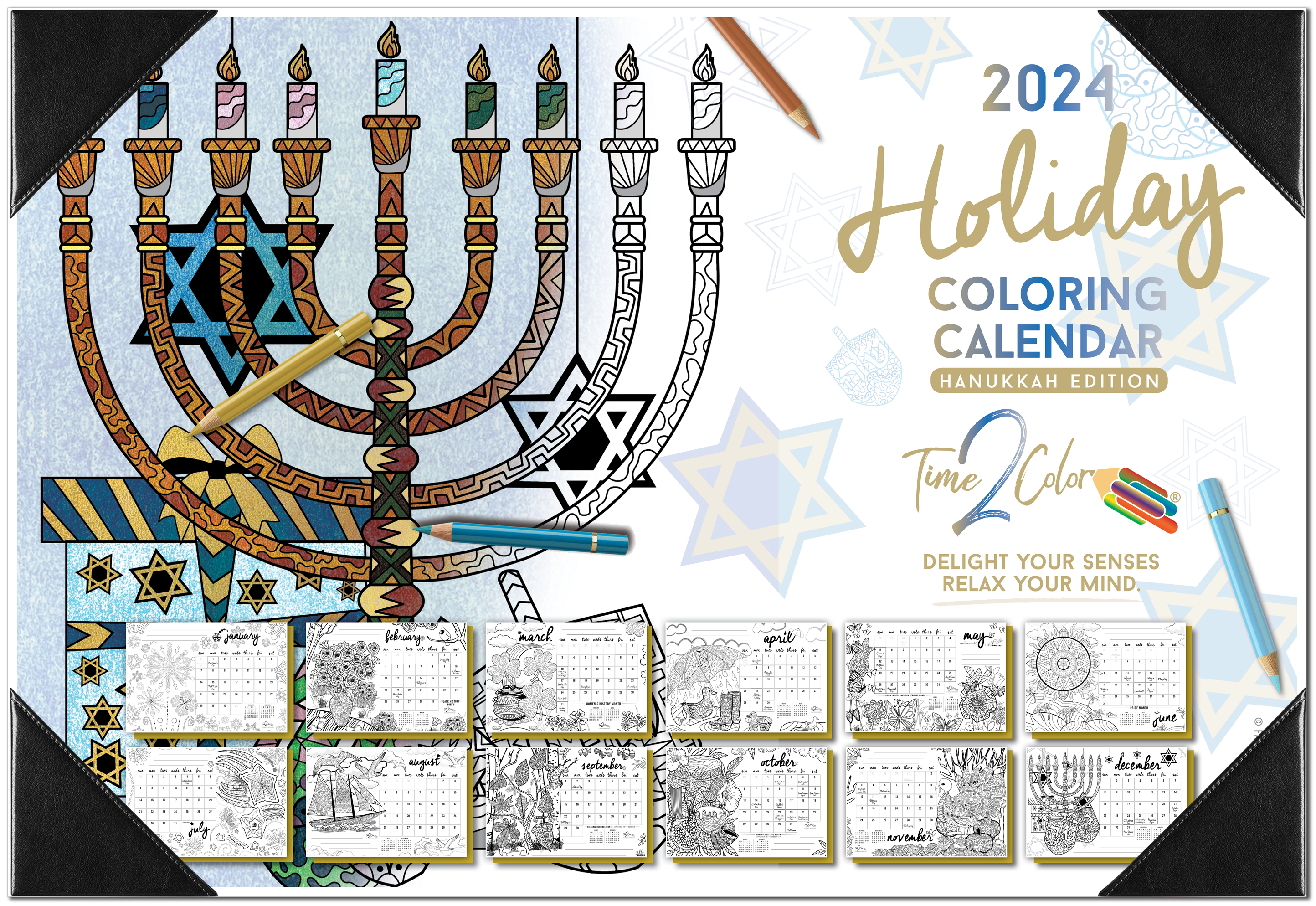 2024 Hanukkah Edition Holiday Theme Desk Blotter Coloring Calendar