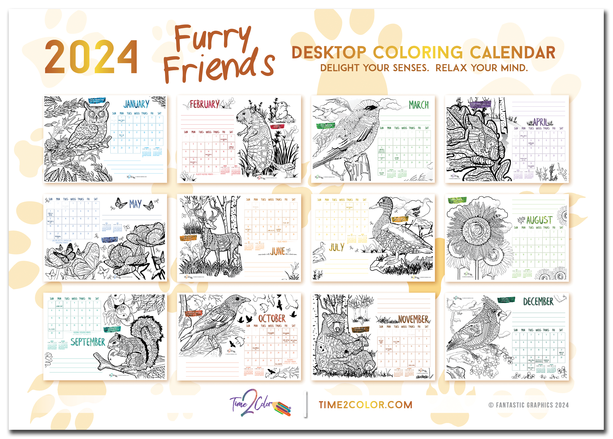 2024 Furry Friends Theme Lucite Desktop Coloring Calendar