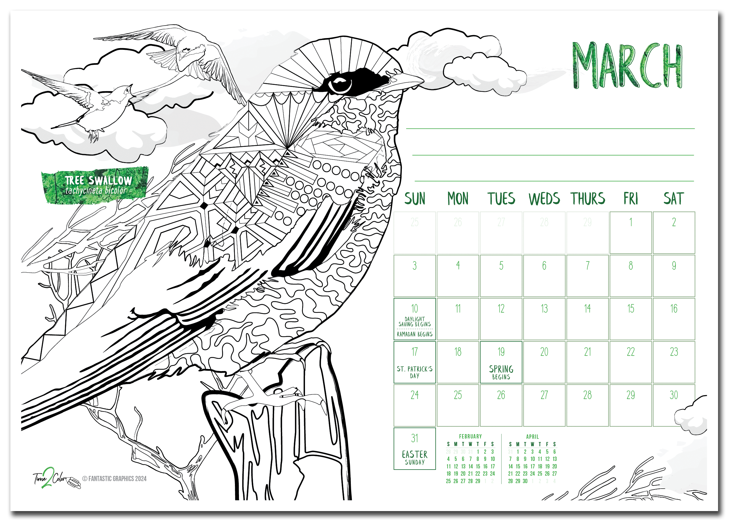 2024 Nature Theme Lucite Desktop Coloring Calendar Time2Color Calendars