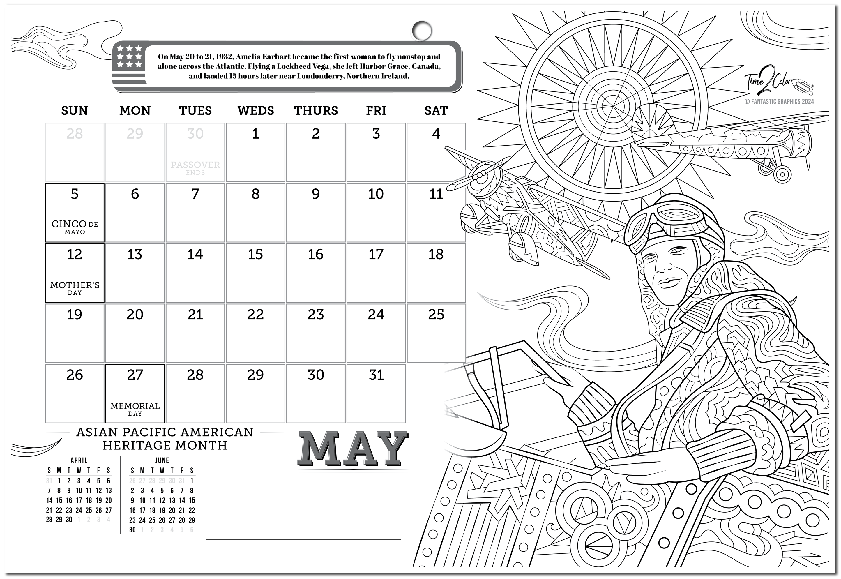 2024 Great Events in American History Theme Wall Coloring Calendar