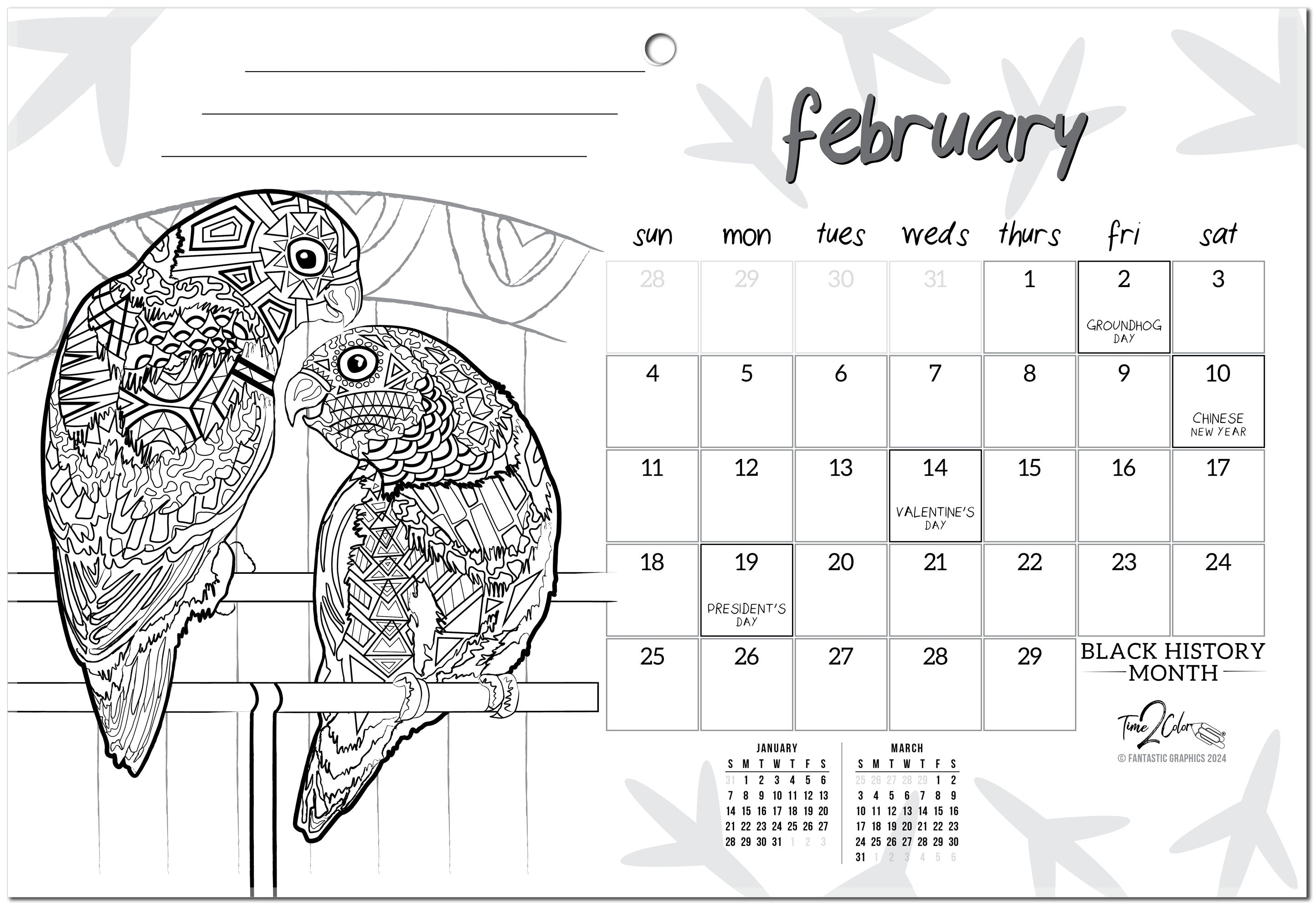 2024 Furry Friends Theme Wall Coloring Calendar