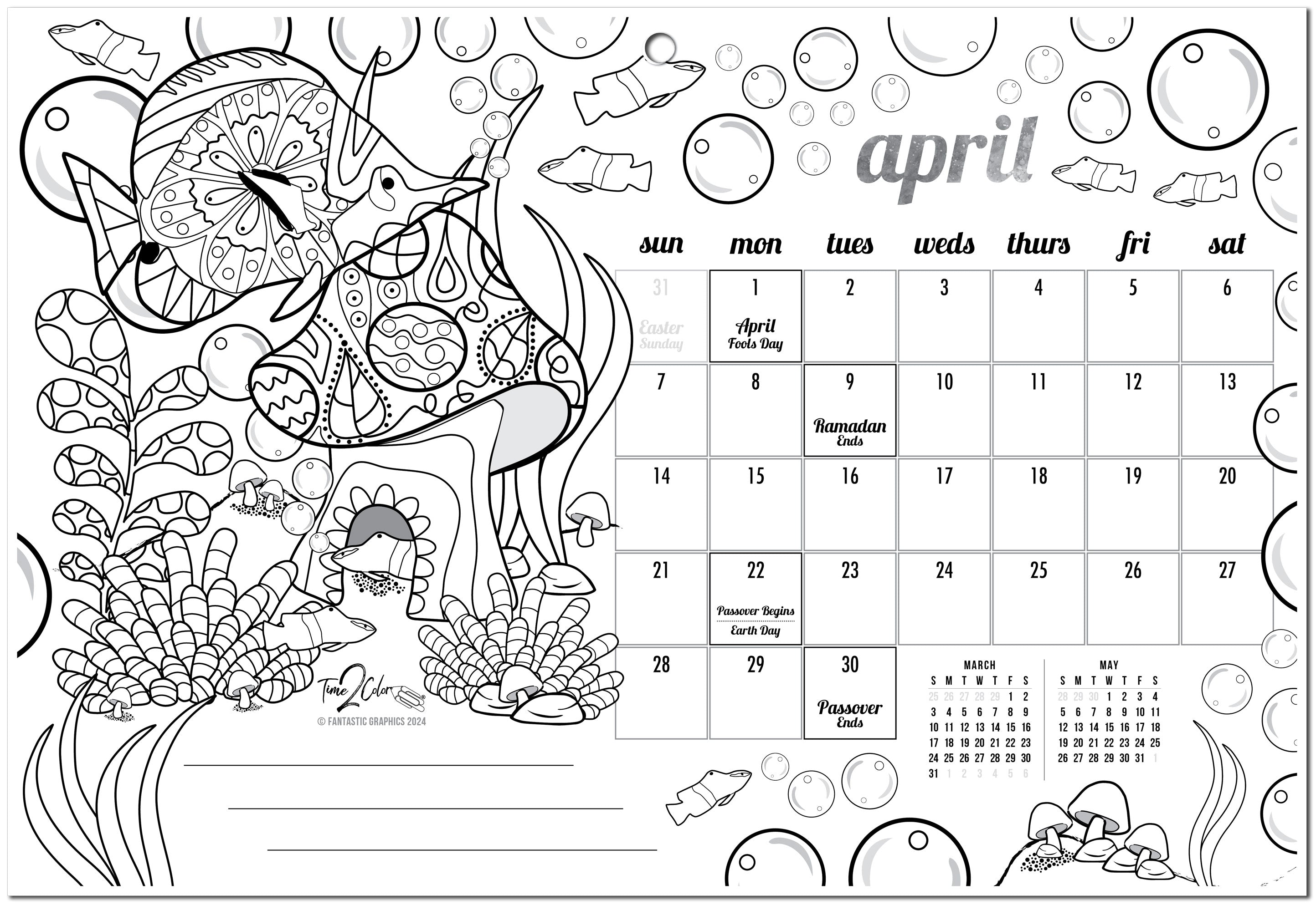 2024 Tropical Fish Theme Wall Coloring Calendar