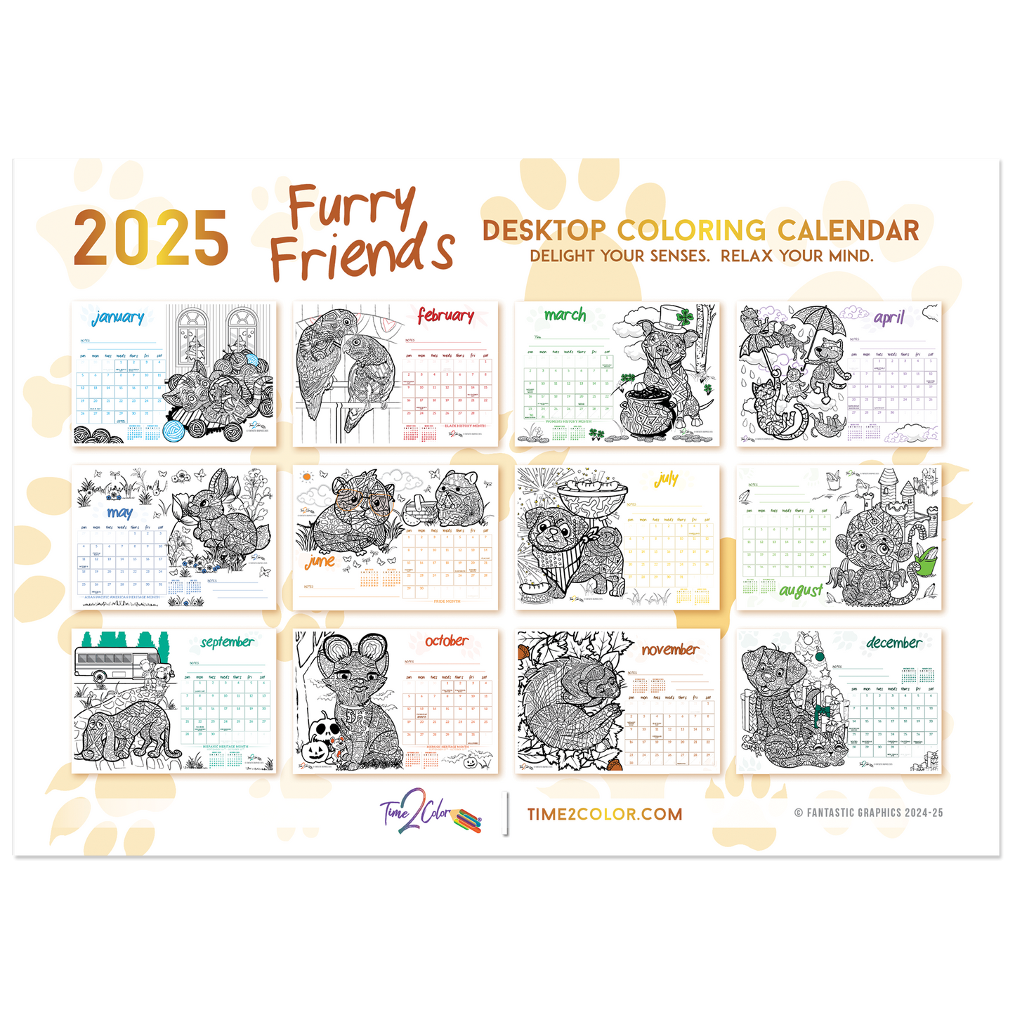 2025 Furry Friends Standing Lucite Desktop Coloring Calendar (8.5" x 6")