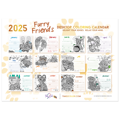 2025 Furry Friends Standing Lucite Desktop Coloring Calendar (8.5" x 6")