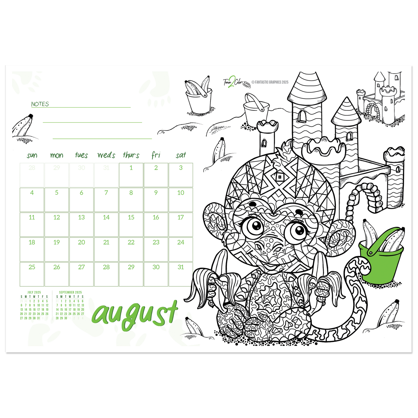 2025 Furry Friends Standing Lucite Desktop Coloring Calendar (8.5" x 6")