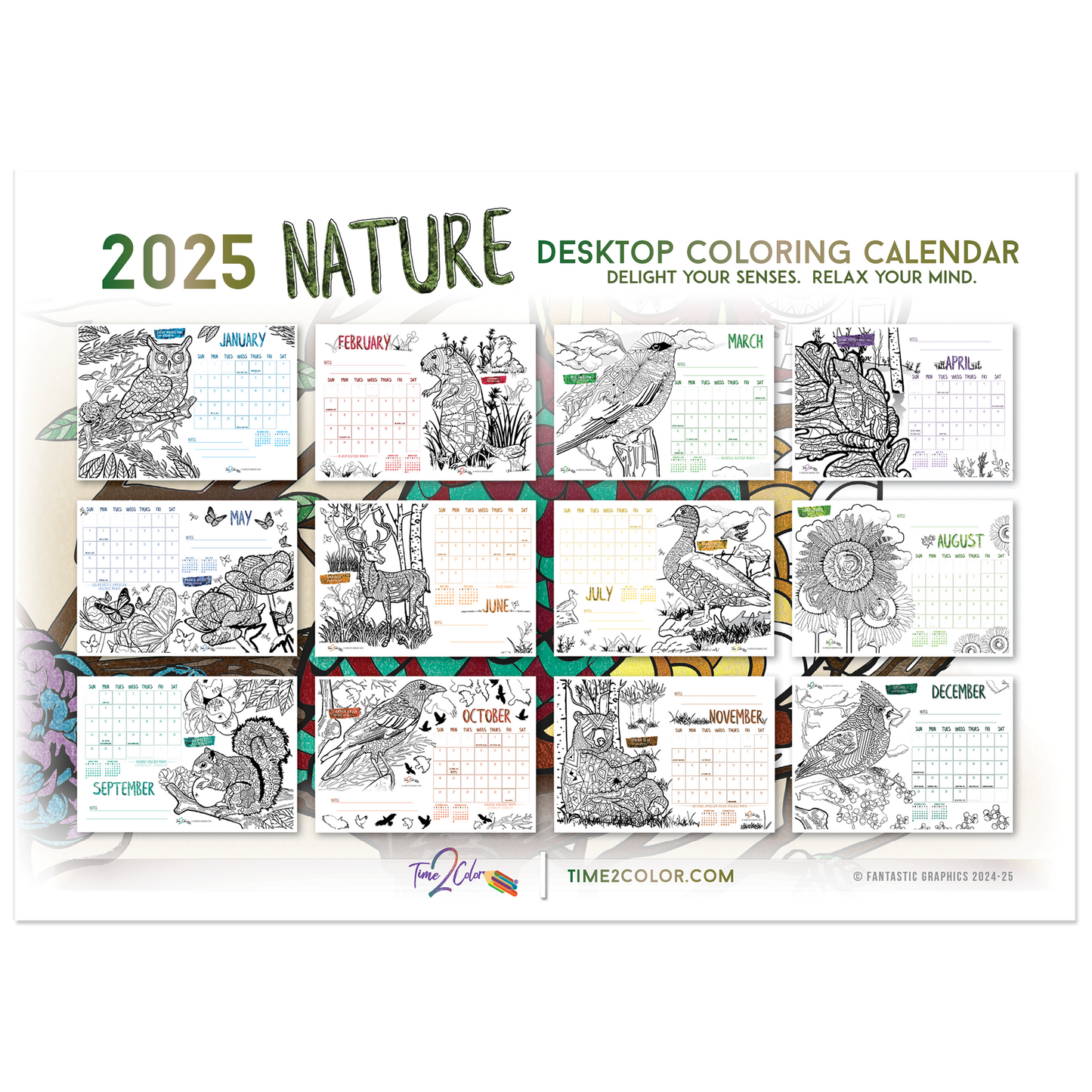 2025 Nature Standing Lucite Desktop Coloring Calendar (8.5" x 6")