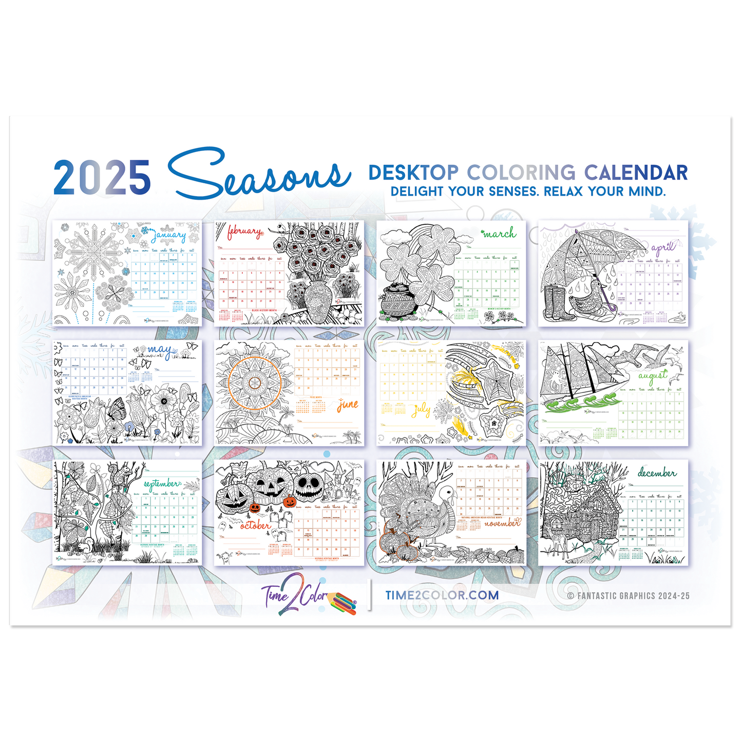 2025 Seasons Standing Lucite Desktop Coloring Calendar (8.5" x 6")