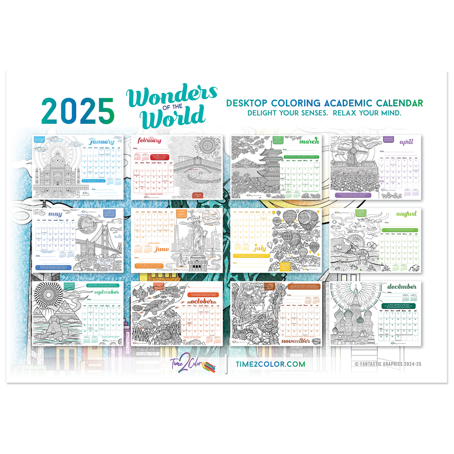 2025 Wonders of the World Standing Lucite Desktop Coloring Calendar (8.5" x 6")