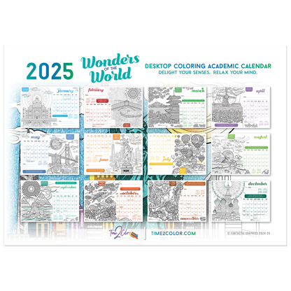 2025 Wonders of the World Standing Lucite Desktop Coloring Calendar (8.5" x 6")