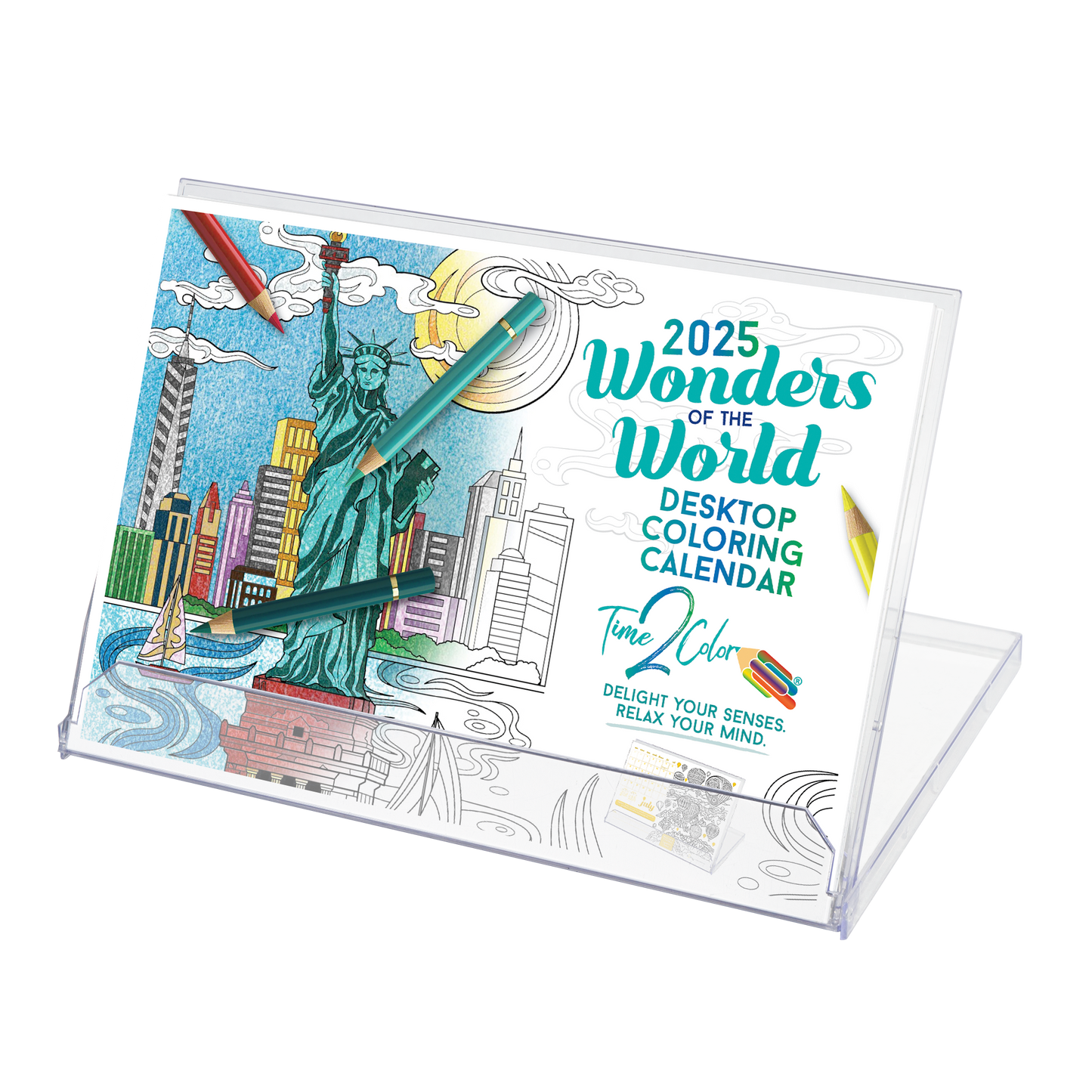 2025 Wonders of the World Standing Lucite Desktop Coloring Calendar (8.5" x 6")