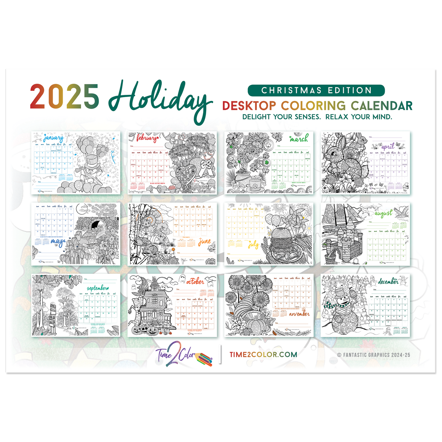 2025 "Christmas" Holiday Standing Lucite Desktop Coloring Calendar (8.5" x 6")