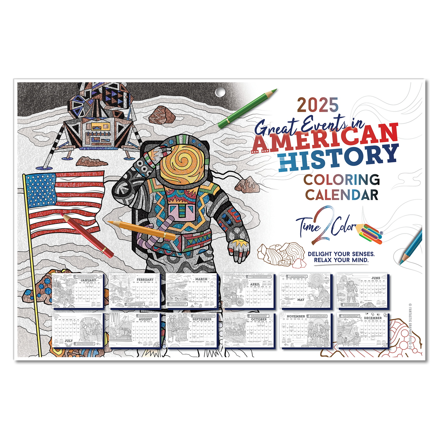 2025 Great Events in American History Wall/Deskpad Coloring Calendar (19" x 13")